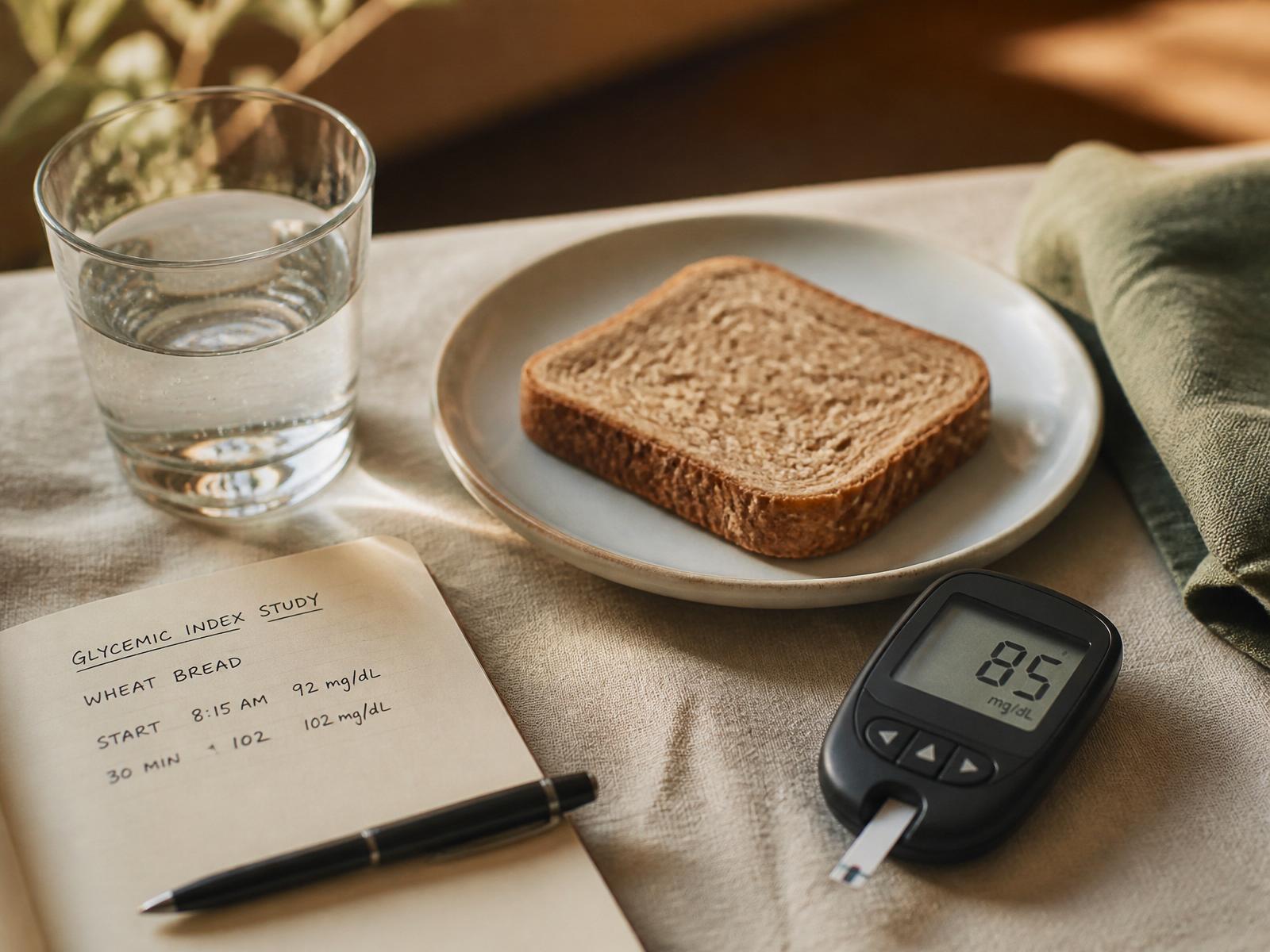 Glycemic Index study — glucose meter, wheat bread and measurement notes