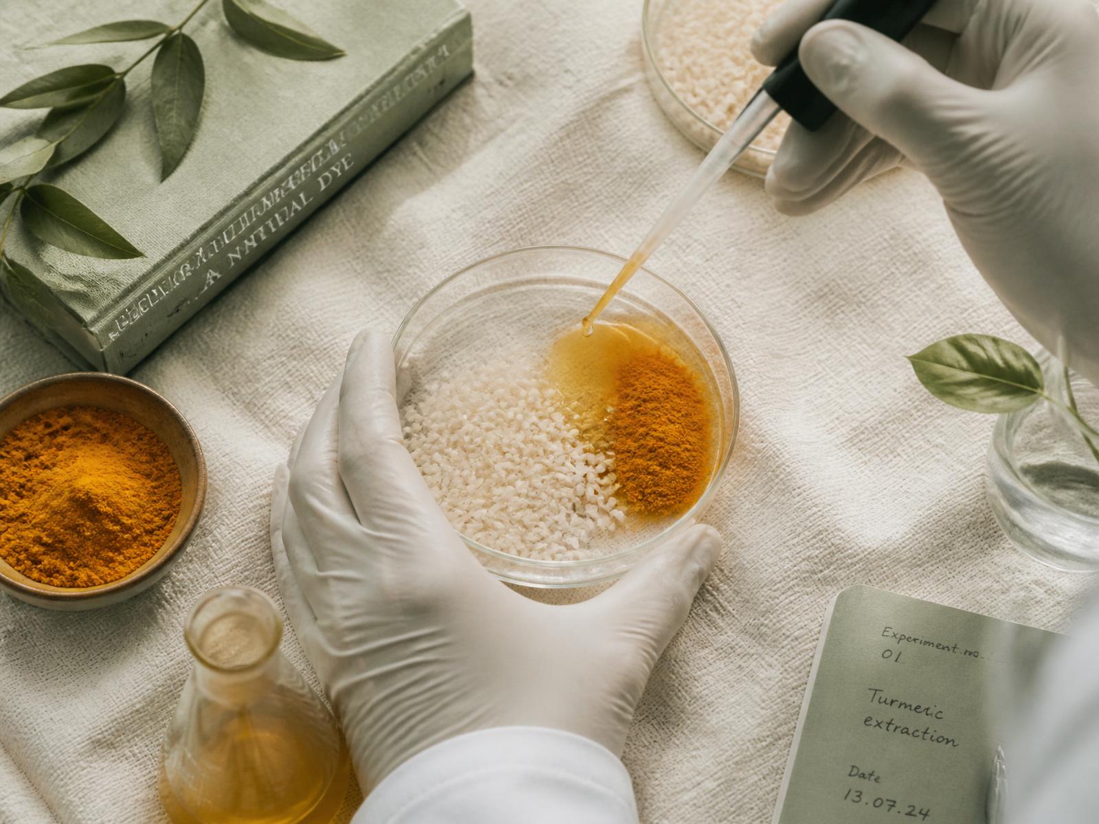 Analyst pipetting a turmeric extraction over a petri dish